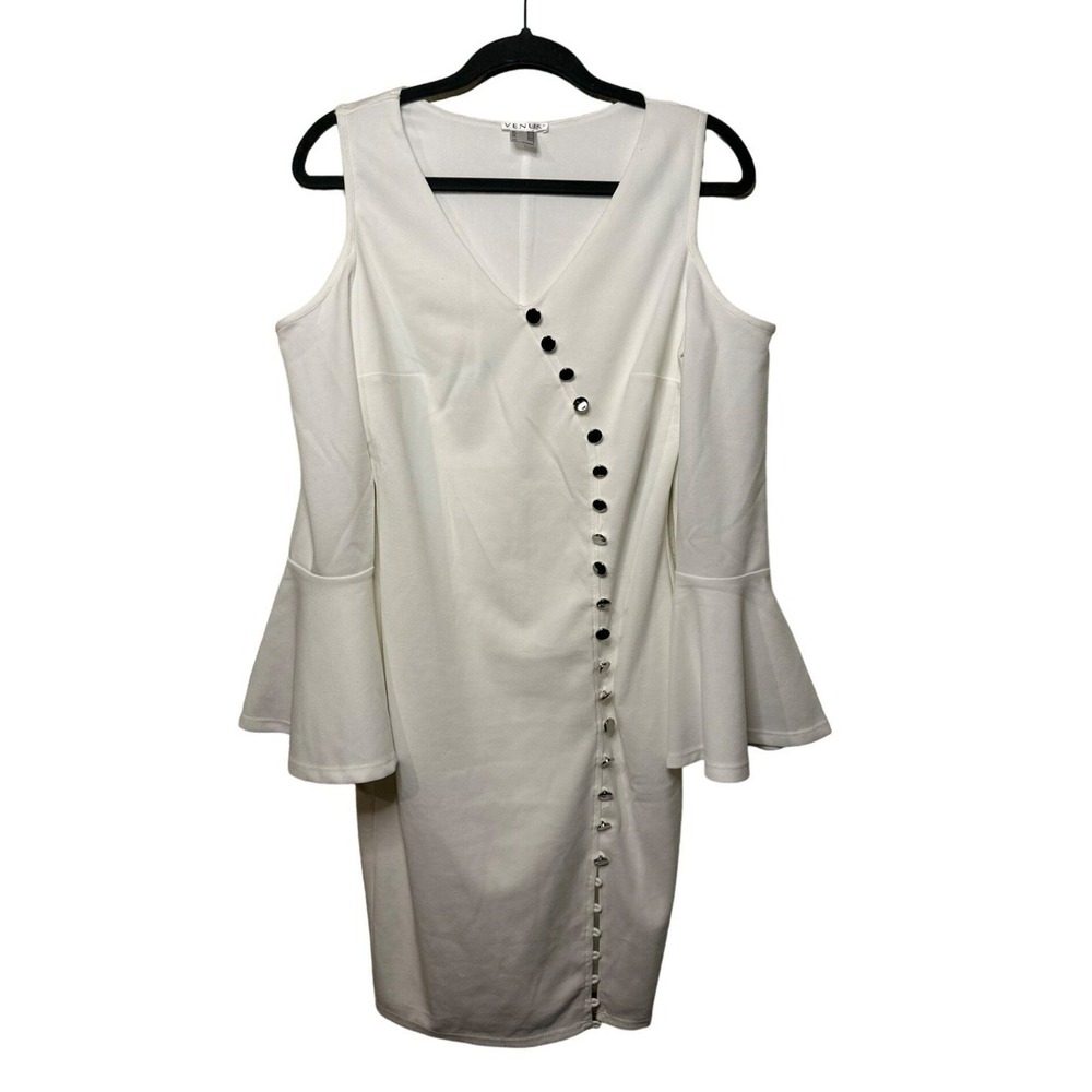 Venus Dress White Cold Shoulder Bell Sleeve Button Detail Sheath Small Women